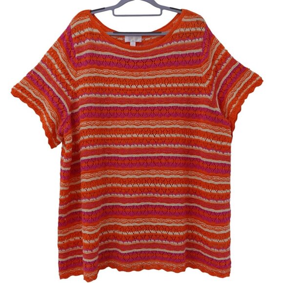 Belle by Kim Gravel Summer Boho Pointelle Stripe Sweater Sz 3X Orange Knit - Picture 7 of 15